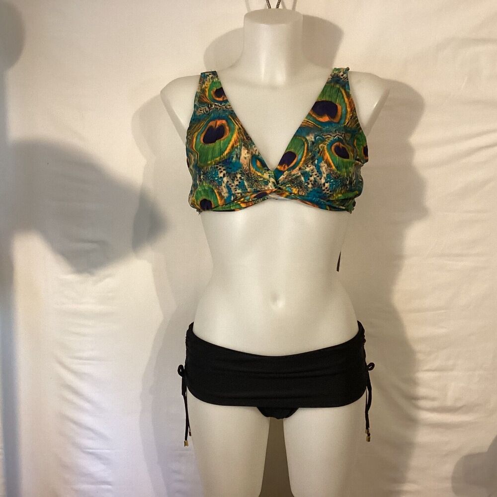 1357 NWT Bikini Bay U/W Cup Size Top Green/Blue Plume w/Faux 38E top/16 bottom
